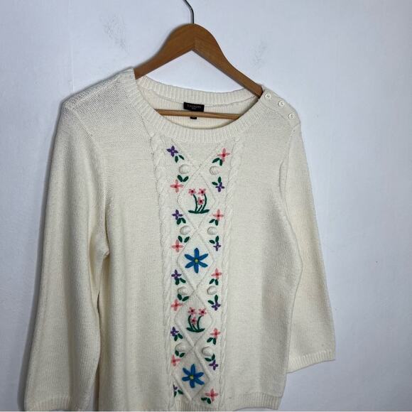 Talbots Ivory Cableknit Floral Embroidered Pom Pom Sweater Size LP - Picture 5 of 12